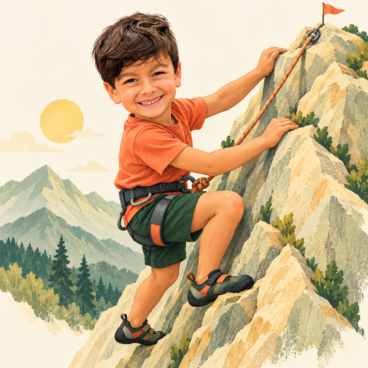 George smiling as he climbs a mountain, illustrated in coral, forest green and warm cream.